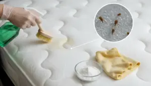 Pulizia profonda del materasso con spazzola e spray per rimuovere macchie e acari