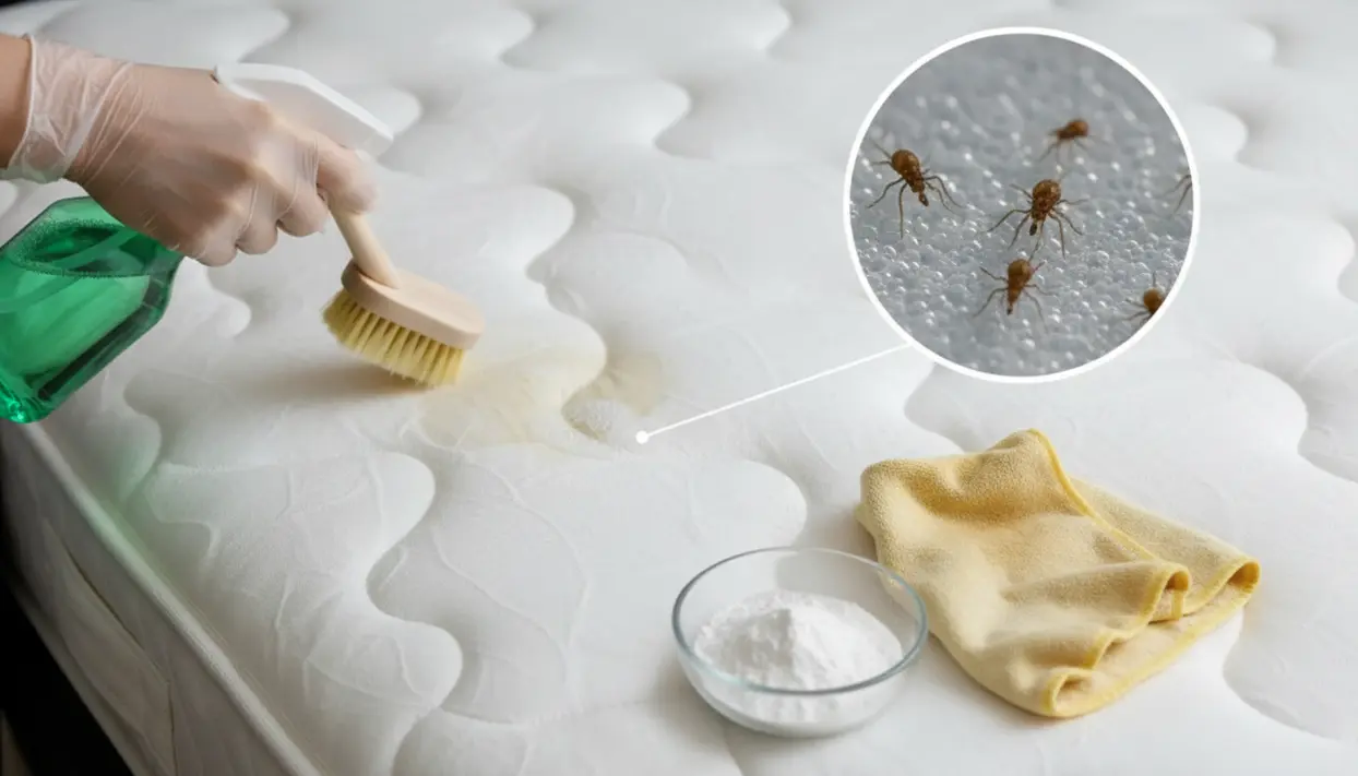 Pulizia profonda del materasso con spazzola e spray per rimuovere macchie e acari