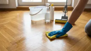 Una persona pulisce un pavimento in parquet con un panno e guanti in gomma