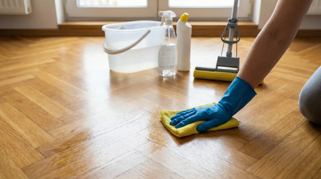 Una persona pulisce un pavimento in parquet con un panno e guanti in gomma