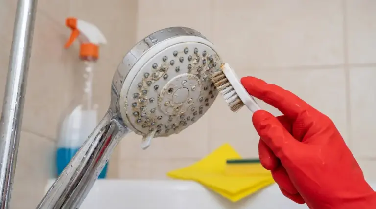 Soffione della doccia con calcare mentre viene pulito con una spazzola in bagno