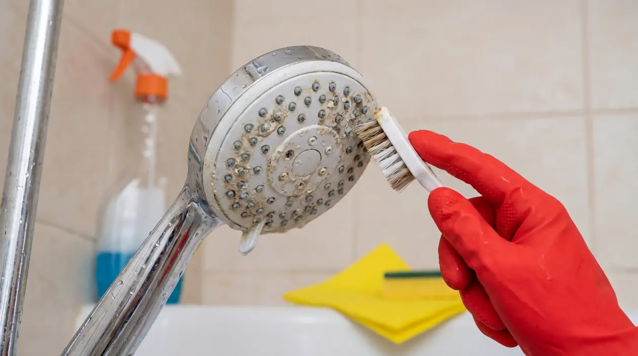 Soffione della doccia con calcare mentre viene pulito con una spazzola in bagno