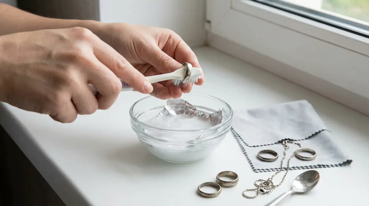 Persona che pulisce anelli d’argento con uno spazzolino accanto a una ciotola e altri gioielli ossidati