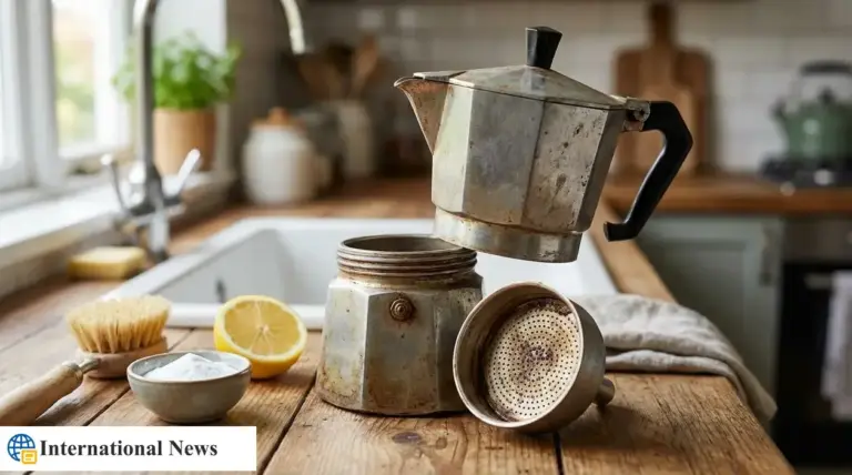 Moka smontata e da pulire su tavolo in cucina con limone, bicarbonato e spazzola accanto