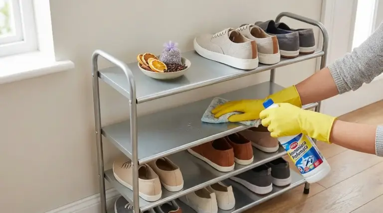 Persona pulisce una scarpiera in metallo con panno e detergente, con scarpe ordinate e profumatore naturale