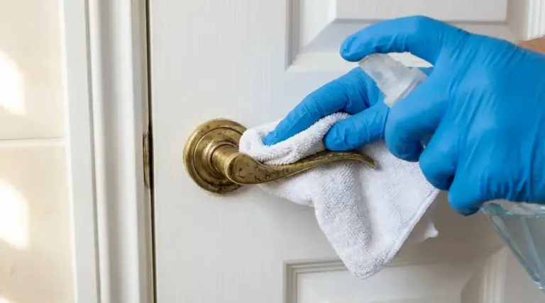 Mano con guanto pulisce una maniglia in ottone con panno e spray su porta bianca
