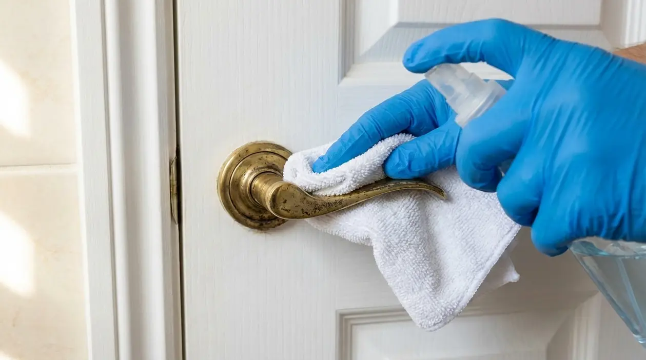 Mano con guanto pulisce una maniglia in ottone con panno e spray su porta bianca