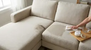 Divano chiaro con macchia scura sulla seduta mentre una persona lo pulisce con un rimedio casalingo