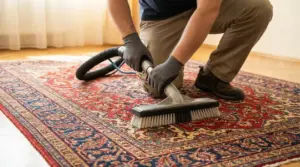 Persona che pulisce un tappeto persiano con spazzola e aspiratore, inginocchiata sul tappeto in casa