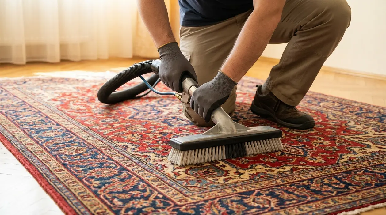 Persona che pulisce un tappeto persiano con spazzola e aspiratore, inginocchiata sul tappeto in casa