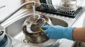 Mano con guanto pulisce una padella bruciata nel lavello con spugna, acqua e schiuma