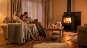 Famiglia sul divano con plaid vicino a stufa a legna e radiatore portatile, per scaldare la stanza senza riscaldamento