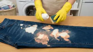 Una persona con guanti gialli tratta dei jeans macchiati di candeggina con una spugna e del prodotto liquido