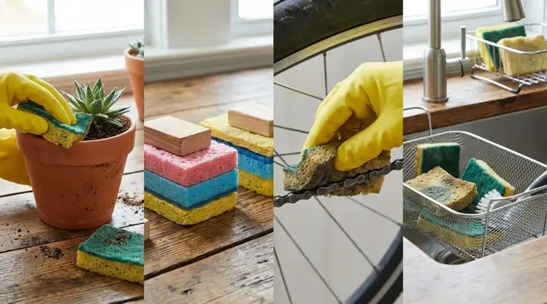 Spugne da cucina riutilizzate per pulire vasi, creare supporti e lavare oggetti in casa