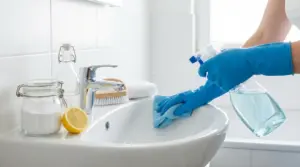 Persona con guanti blu pulisce il lavandino del bagno con spray e panno, accanto a limone e detergenti naturali