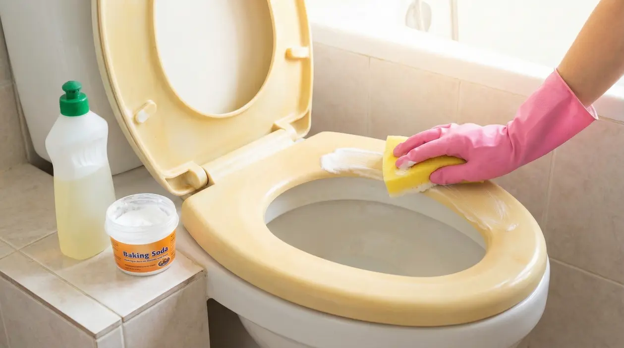 Pulizia di un copriwater ingiallito con spugna e bicarbonato di sodio