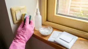 Mano con guanto rosa pulisce un interruttore ingiallito accanto a una finestra con crema sbiancante