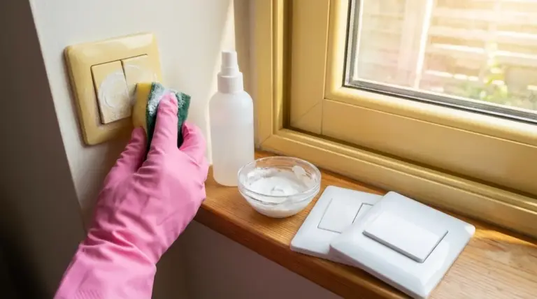 Mano con guanto rosa pulisce un interruttore ingiallito accanto a una finestra con crema sbiancante
