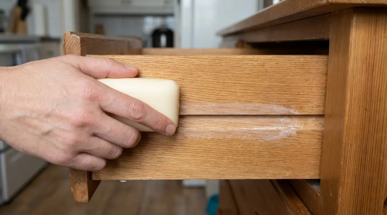 Una mano passa una saponetta sui lati di un cassetto in legno per farlo scorrere meglio
