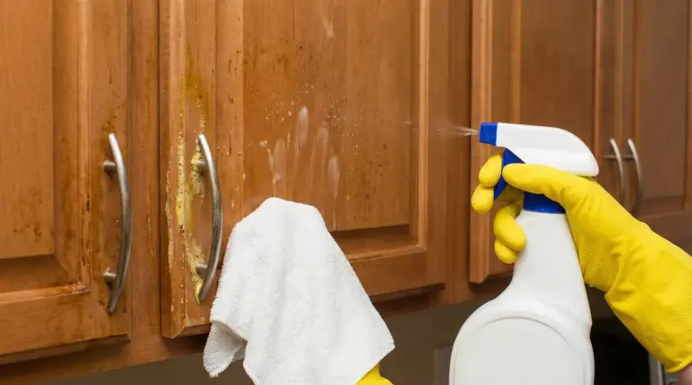 Mano con guanto giallo spruzza detergente su mobili della cucina in legno unti, con panno in microfibra