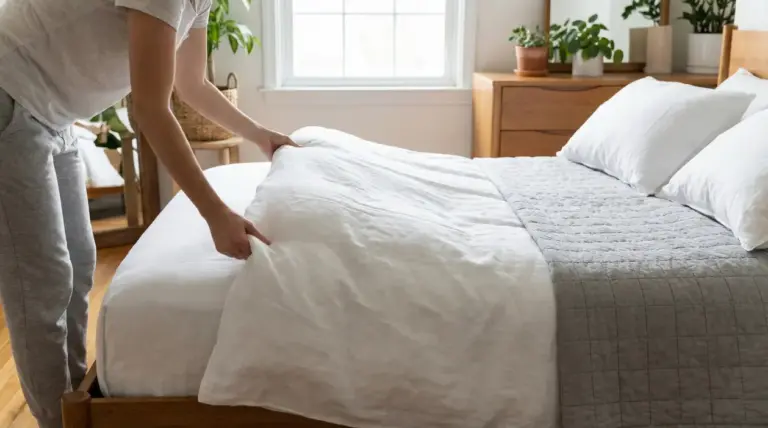 Persona che sistema il letto al mattino in una camera luminosa con lenzuola bianche
