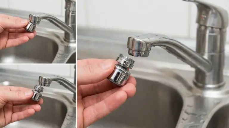 Mano che rimuove l’aeratore da un rubinetto del lavello per pulirlo e ridurre gli schizzi d’acqua