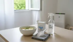 Rimedi naturali per togliere l’odore di fumo da casa: aceto bianco, bicarbonato e limone in una stanza ariosa