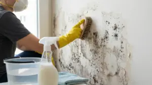 Persona con guanti e mascherina pulisce la muffa da un muro con una spazzola vicino a una finestra