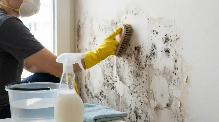 Persona con guanti e mascherina pulisce la muffa da un muro con una spazzola vicino a una finestra