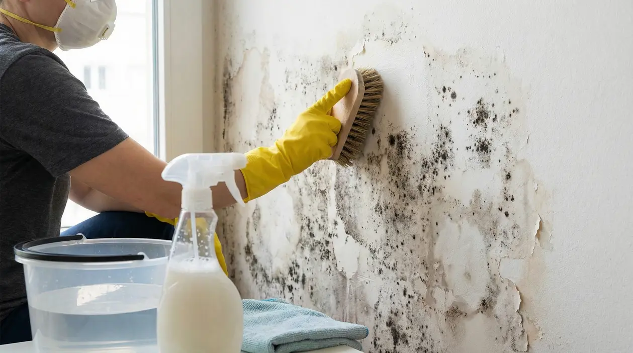 Persona con guanti e mascherina pulisce la muffa da un muro con una spazzola vicino a una finestra
