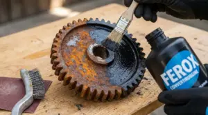 Mano con guanto applica un prodotto antiruggine su un ingranaggio metallico arrugginito con pennello su banco da lavoro