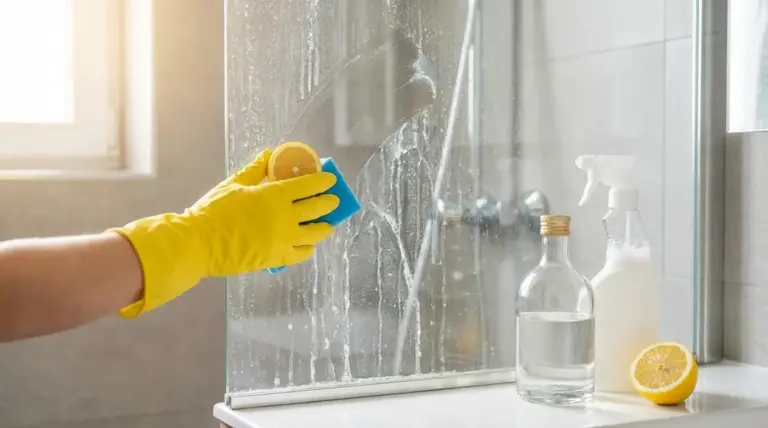 Mano con guanto giallo pulisce il vetro della doccia con spugna e limone contro le macchie d’acqua dura