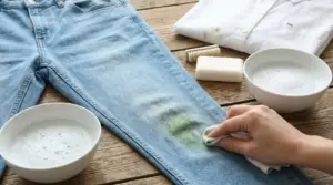 Jeans con macchia d’erba mentre una mano li pulisce con un panno, accanto a sapone e bacinelle