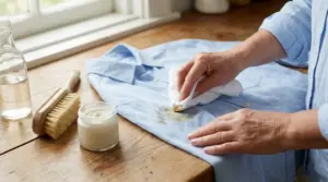 Una persona pulisce una macchia d’olio da una camicia azzurra con un panno e prodotti per il bucato