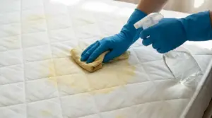 Mani con guanti puliscono una macchia gialla sul materasso con panno e flacone spray