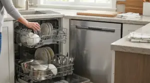 Persona che carica piatti, bicchieri e pentole nella lavastoviglie aperta in cucina