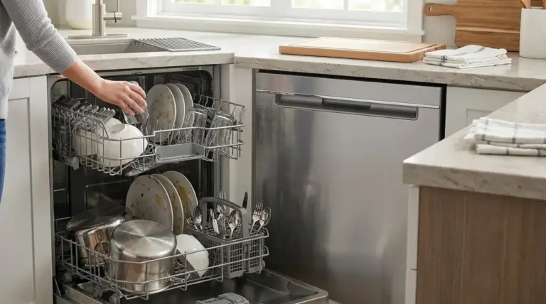 Persona che carica piatti, bicchieri e pentole nella lavastoviglie aperta in cucina