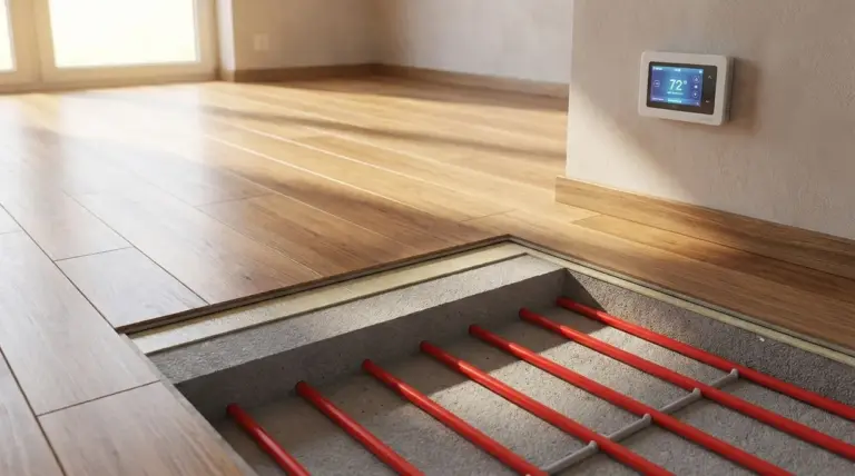 Riscaldamento a pavimento sotto parquet con tubazioni a vista e termostato a parete in una stanza luminosa