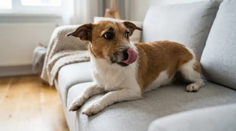 Cane su un divano che si lecca il muso, segno di possibile stress