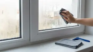 Mano che asciuga la condensa su una finestra con un panno in microfibra, gocce d’acqua sul vetro