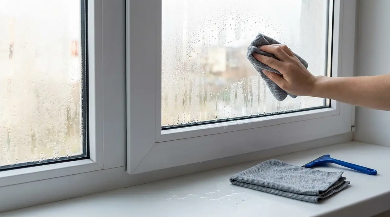 Mano che asciuga la condensa su una finestra con un panno in microfibra, gocce d’acqua sul vetro