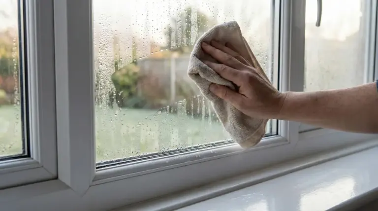 Mano che asciuga la condensa da una finestra al mattino con un panno