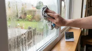 Mano che asciuga la condensa su una finestra con un panno, con igrometro sul davanzale