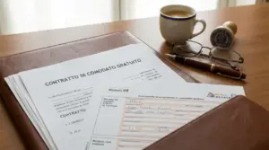 Documenti e moduli per contratto di comodato d’uso gratuito su una scrivania con occhiali e tazza di caffè