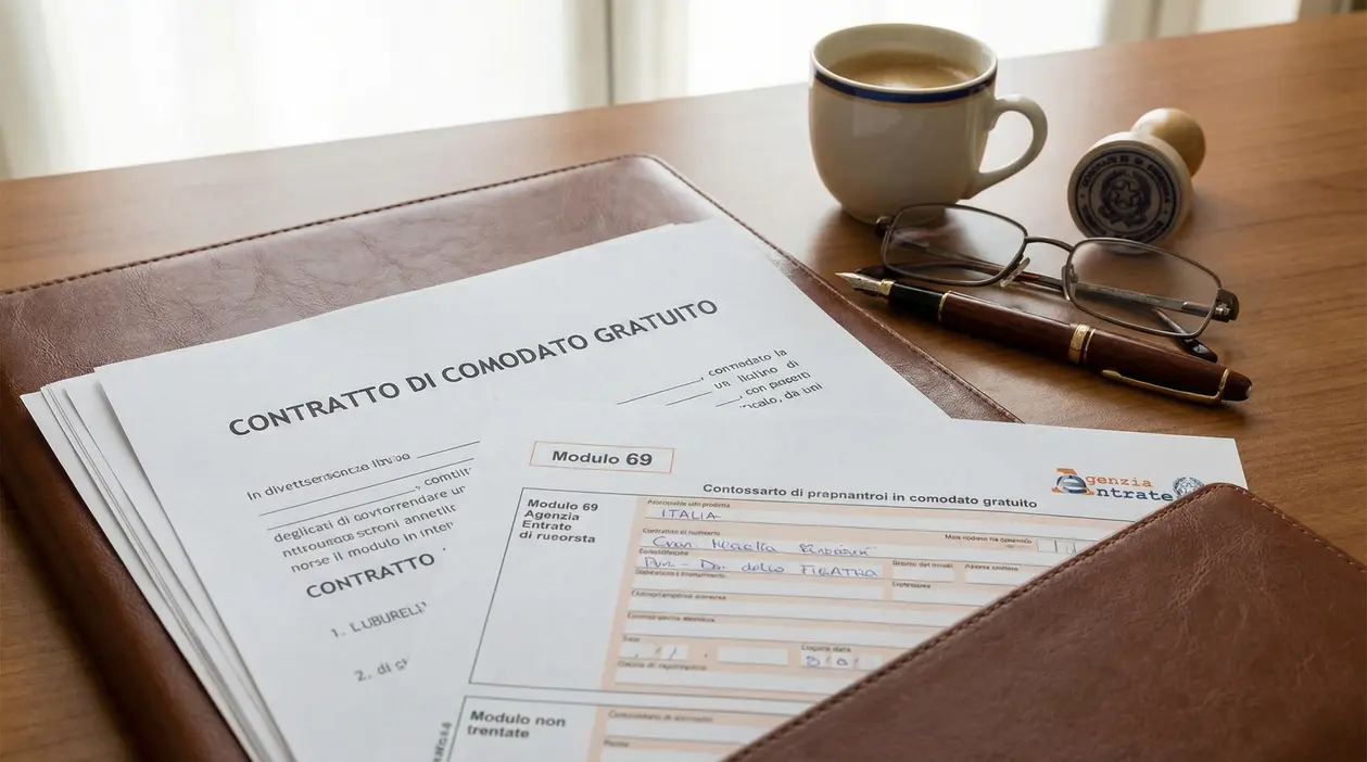 Documenti e moduli per contratto di comodato d’uso gratuito su una scrivania con occhiali e tazza di caffè