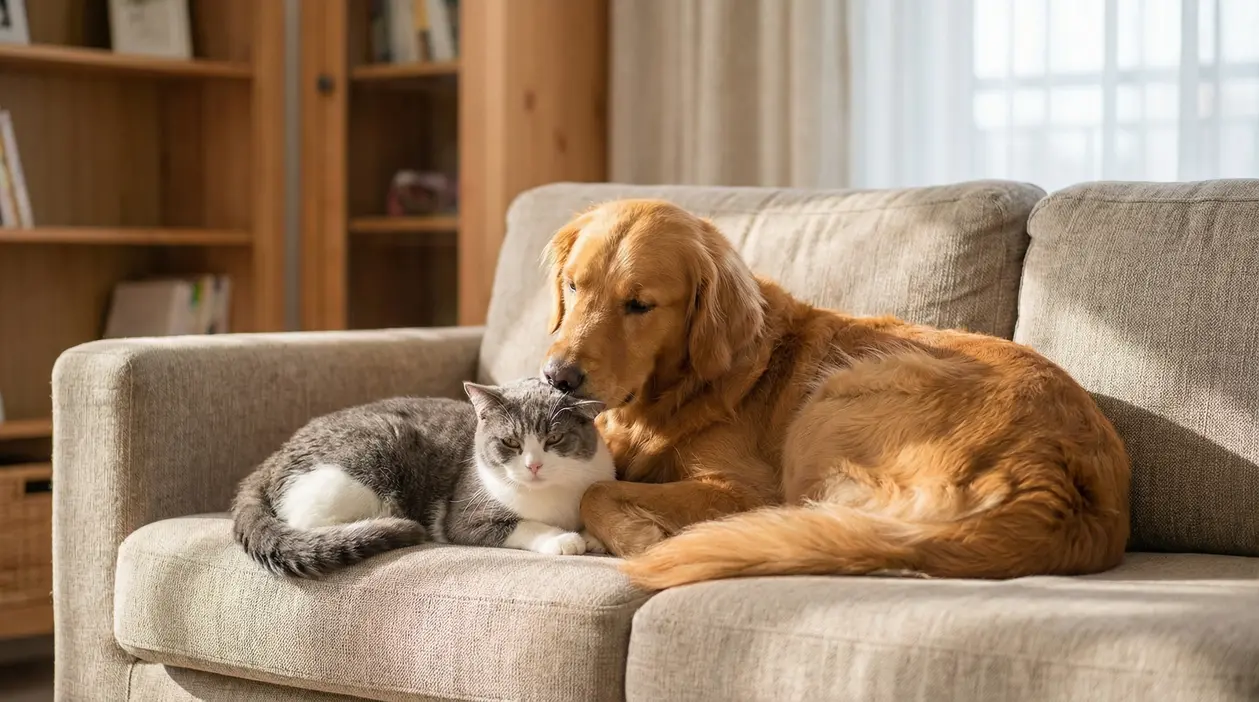 Cane e gatto riposano insieme su un divano in salotto, in un momento di armonia domestica