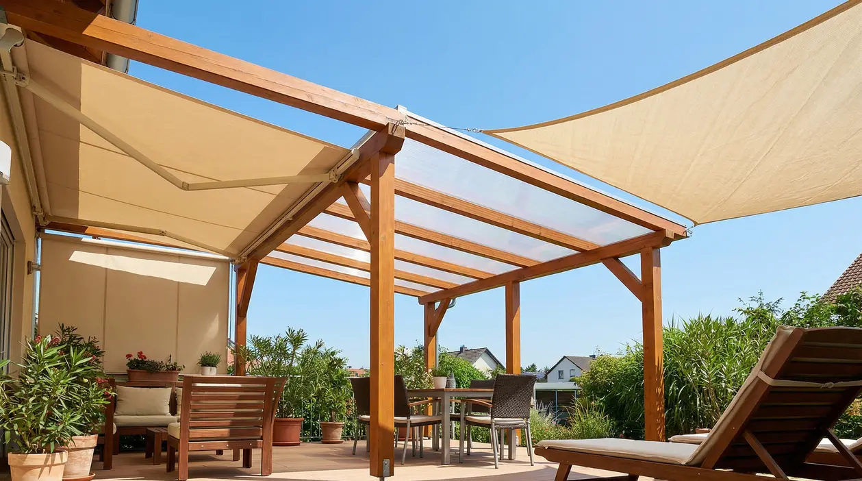Terrazzo con pergola in legno, copertura trasparente e vele ombreggianti per protezione da sole e pioggia