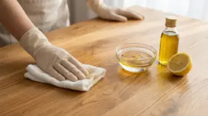 Persona con guanti pulisce un tavolo in legno con panno; accanto ci sono una ciotola, una bottiglietta e mezzo limone