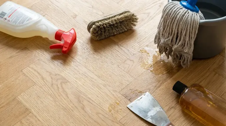Detergenti, spazzola rigida, mocio bagnato e raschietto appoggiati su un pavimento in parquet