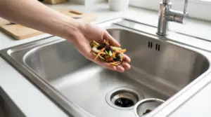 Una mano tiene degli scarti alimentari sopra un lavello da cucina in acciaio